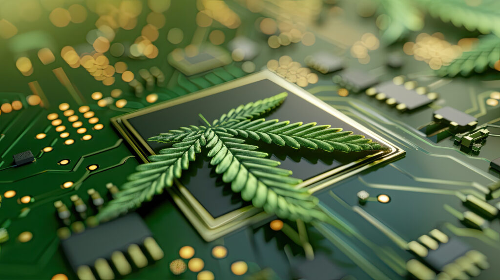marijuana leaves over microchip background images